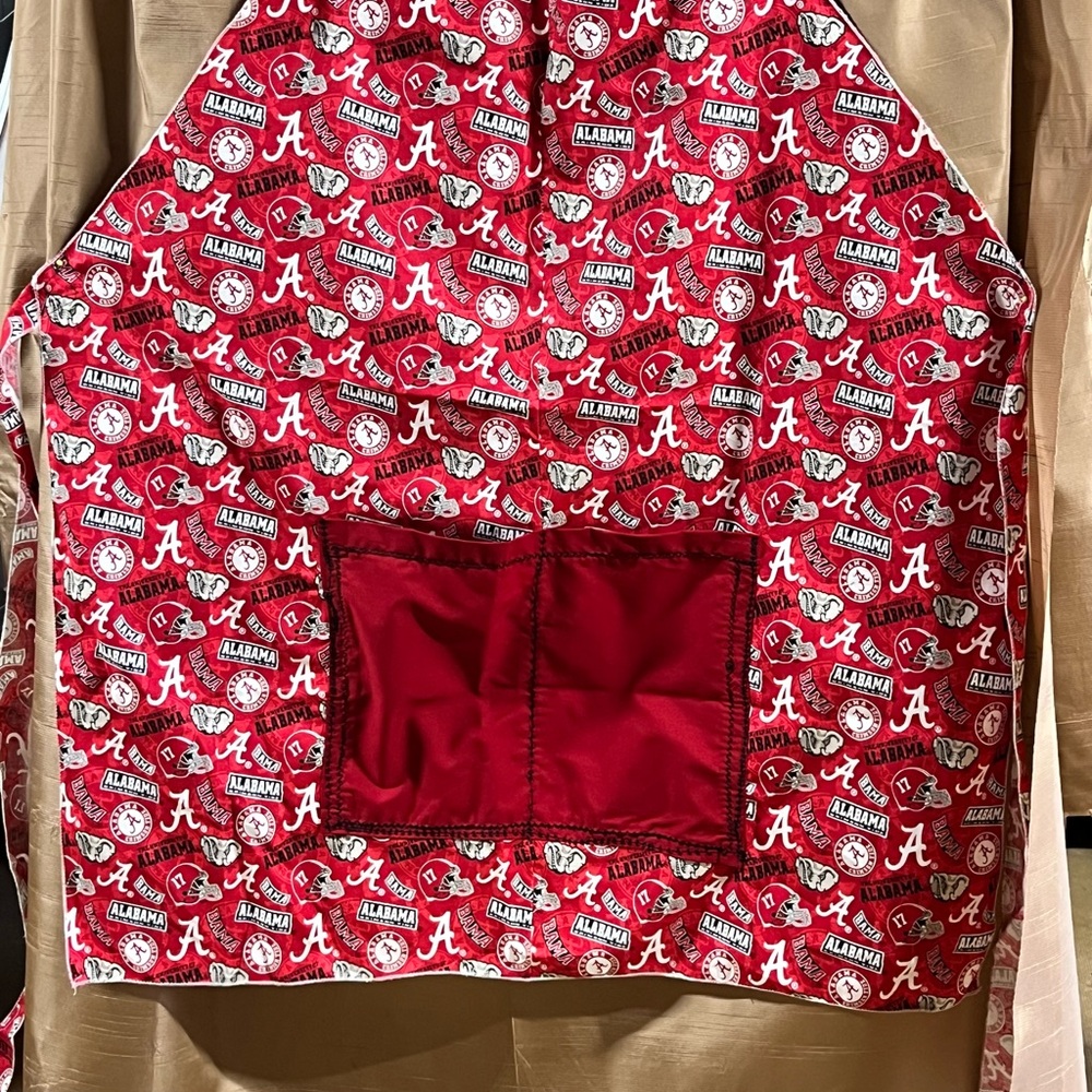 Red Alabama Apron with Pockets, handmade and waiting for you and your party.